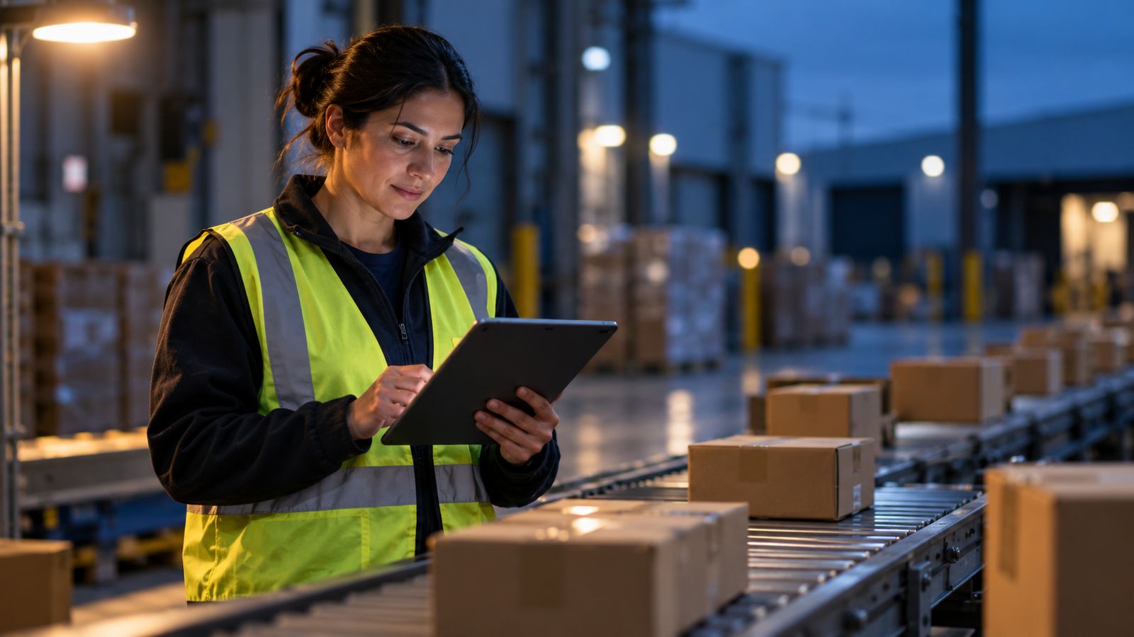 A warehouse associate standing upright, reviewing a tablet while cartons flow past single-file behind them